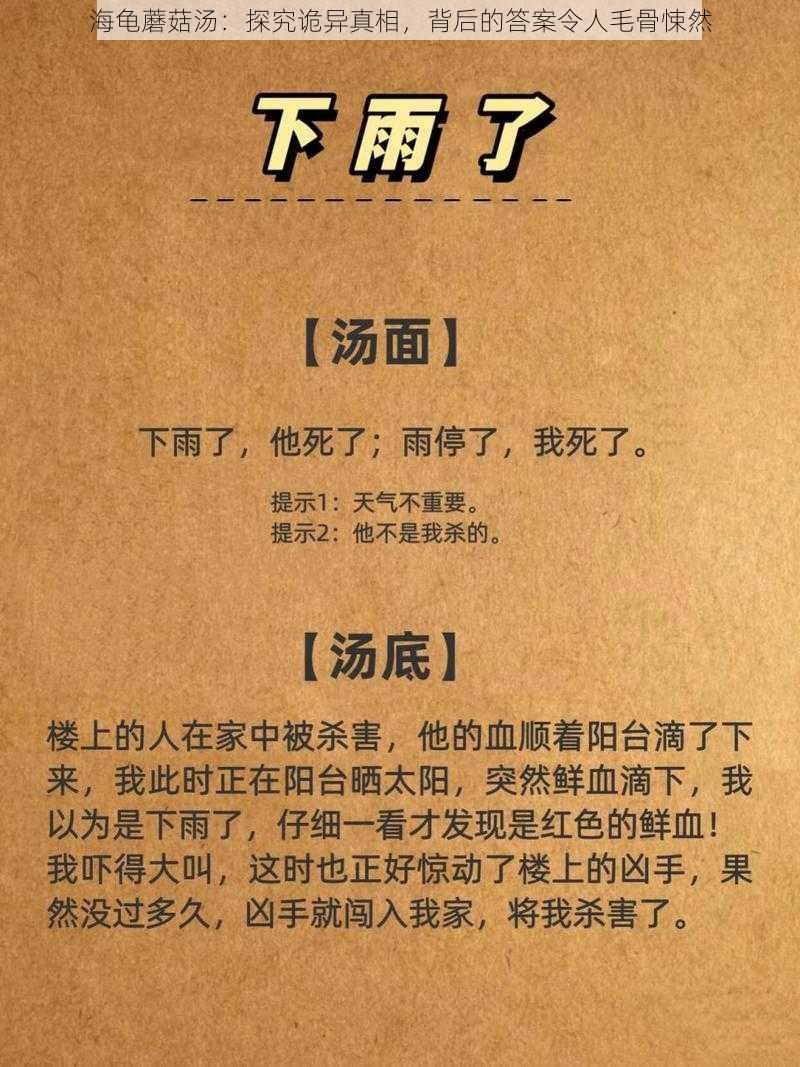 海龟蘑菇汤：探究诡异真相，背后的答案令人毛骨悚然