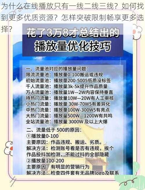 为什么在线播放只有一线二线三线？如何找到更多优质资源？怎样突破限制畅享更多选择？